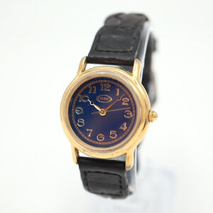 Vintage 1995 Guess Watch 26mm Blue Dial Gold Tone Black Leather w New Battery